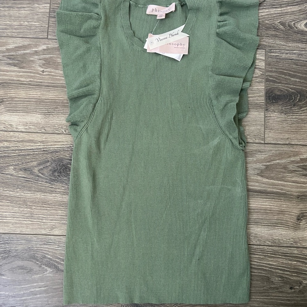 Anthropologie Philosophy Green Ruffled Ribbed Tank Top